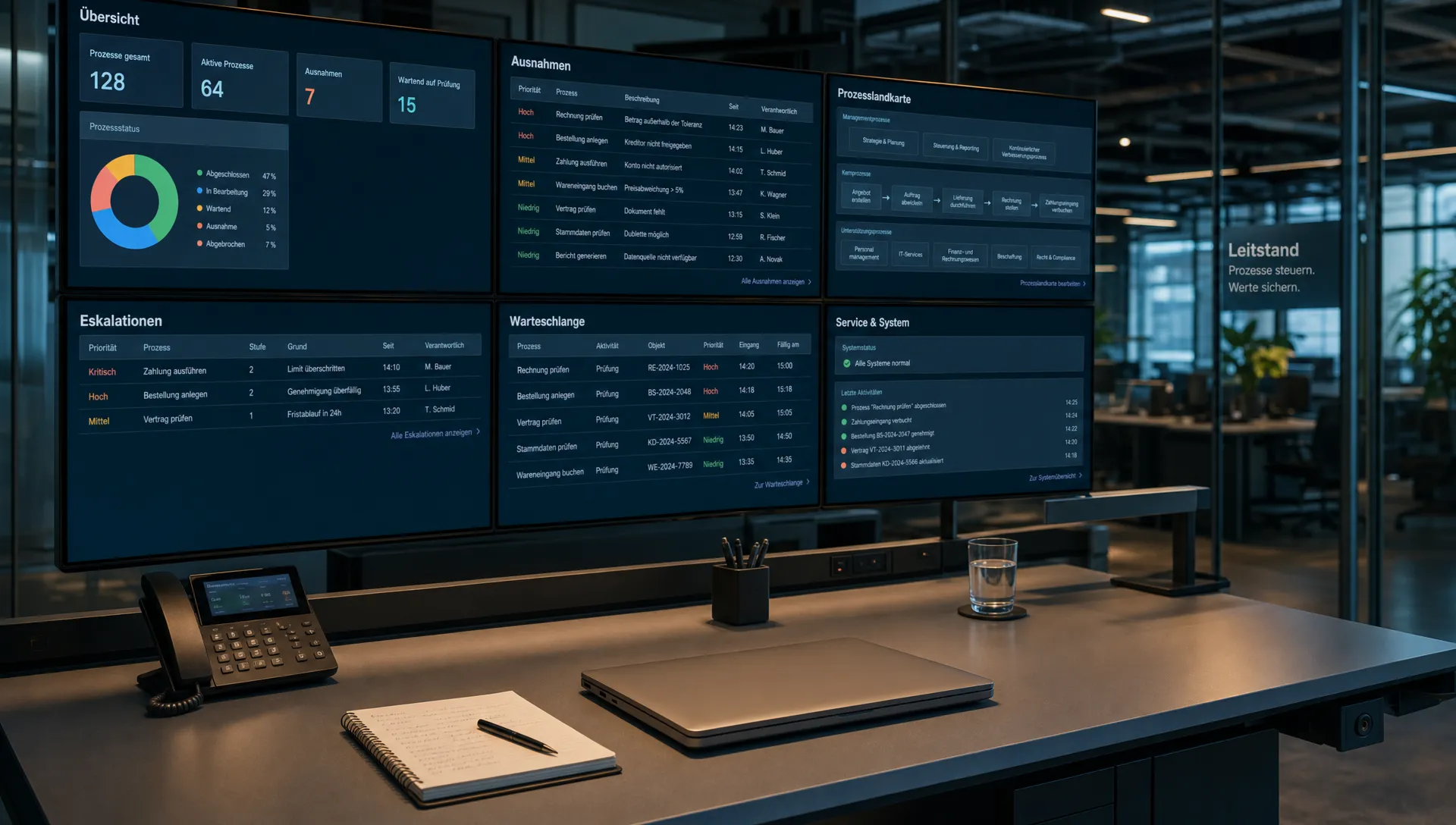 Ein aufgeräumter Leitstand in einem Softwareunternehmen mit Blick auf mehrere große Anzeigen, die operative Ereignisse, Ausnahmen und Prioritäten aus laufenden Geschäftsprozessen zeigen. Im Vordergrund dominiert eine zentrale Arbeitsfläche mit Statuskarten, einem Notizblock und einem geschlossenen Laptop; keine Person steht im Mittelpunkt, sondern die Steuerung selbst. Die Szene vermittelt ein produktionsnahes Cockpit für Disposition, Prüfung und Eskalation in einem professionellen Unternehmensumfeld.