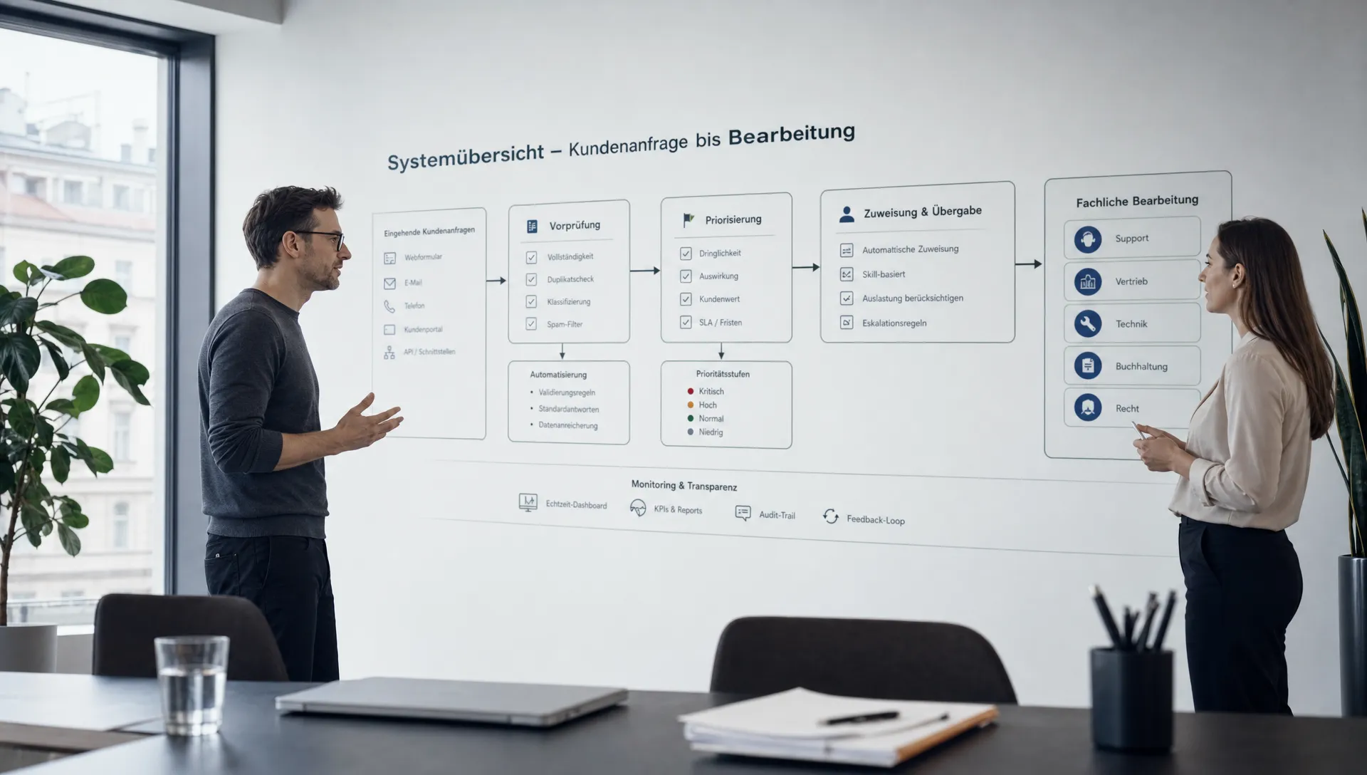 Eine Systemansicht zeigt, wie Kundenanfragen vorgeprüft und an Fachrollen übergeben werden.