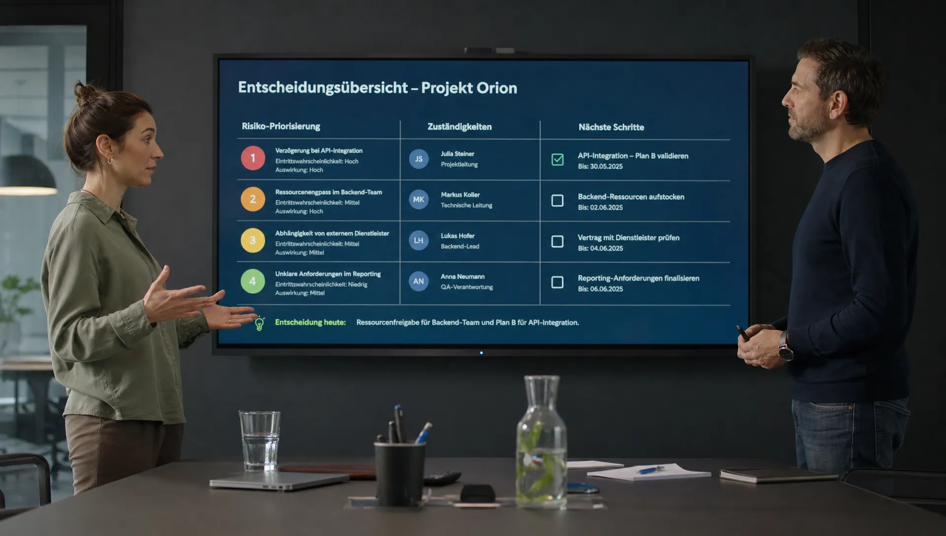 Ein moderner Besprechungsraum in einem Softwareunternehmen mit einem breiten Tisch im Vordergrund und einem großen Wanddisplay im Hintergrund. Auf dem Display ist eine klare Entscheidungsansicht mit Risiko-Priorisierung, Zuständigkeiten und nächsten Schritten zu sehen, zur Kamera ausgerichtet und ohne versteckte Inhalte hinter Geräten. Zwei erwachsene Personen stehen seitlich am Tisch und besprechen die Lage konzentriert, sodass die Szene wie ein realistischer Arbeitsraum für operative Abstimmungen wirkt.
