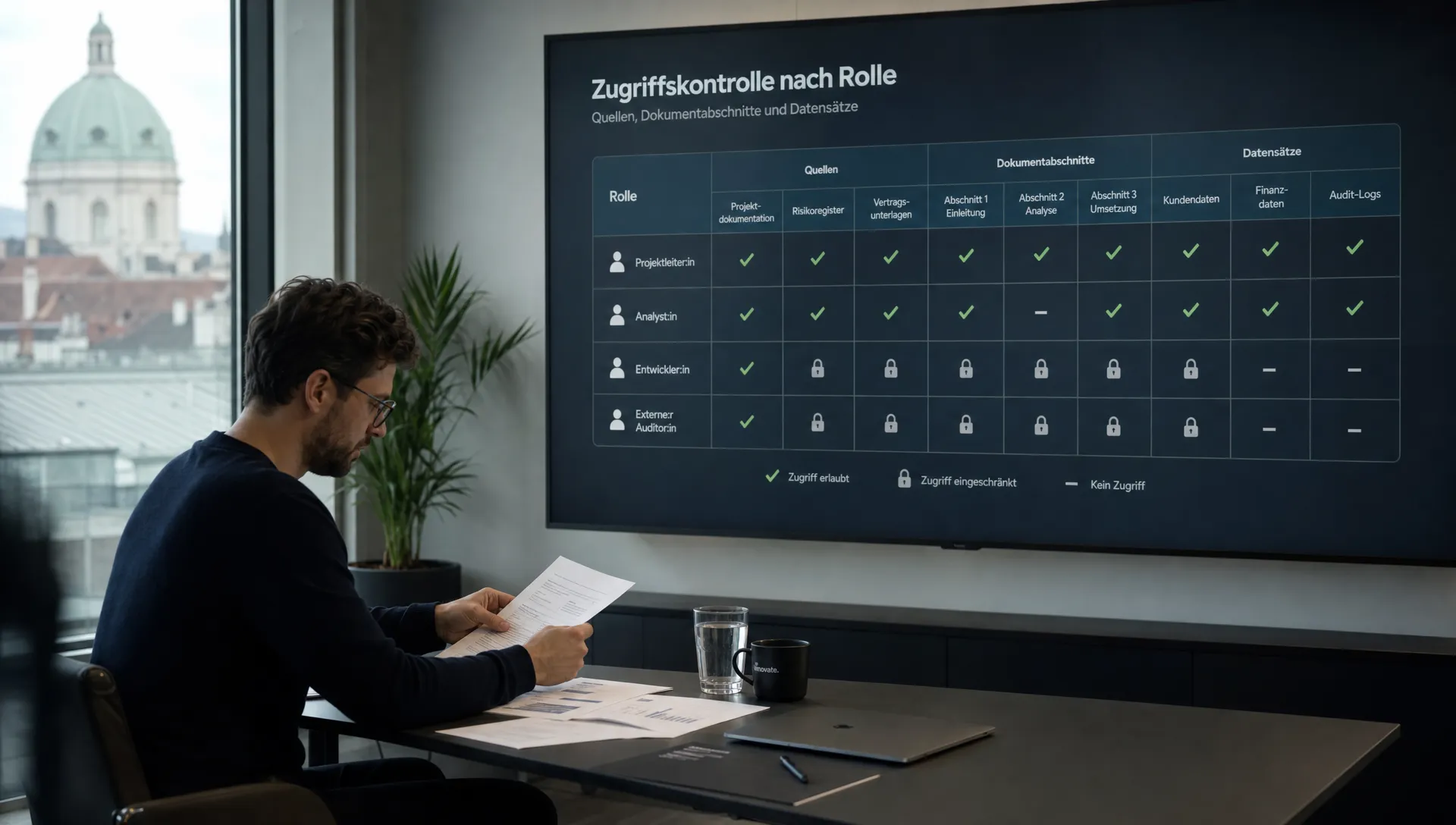 Eine moderne, professionelle Innenraumszene in einem Wiener Softwareunternehmen mit einem einzelnen Arbeitsplatz im Vordergrund und einem großen Wanddisplay im Hintergrund. Auf dem Display ist ein Rollen- und Rechtekonzept dargestellt, das zeigt, welche Quellen, Dokumentabschnitte und Datensätze für unterschiedliche Fachrollen zugänglich sind; die Hauptaussage liegt auf Zugriffskontrolle statt auf einer allgemeinen Übersicht. Eine erwachsene Person sitzt seitlich am Tisch und prüft Unterlagen, die Szene bleibt ruhig und konzentriert.