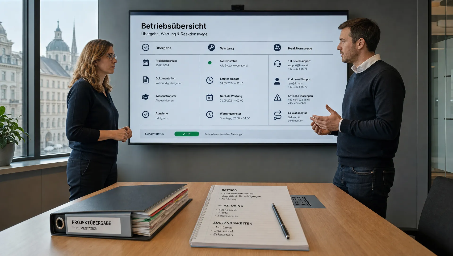 Ein Besprechungstisch mit Übergabeunterlagen und Betriebsnotizen zu einer KI-Software, während zwei Personen die nächsten Schritte prüfen.