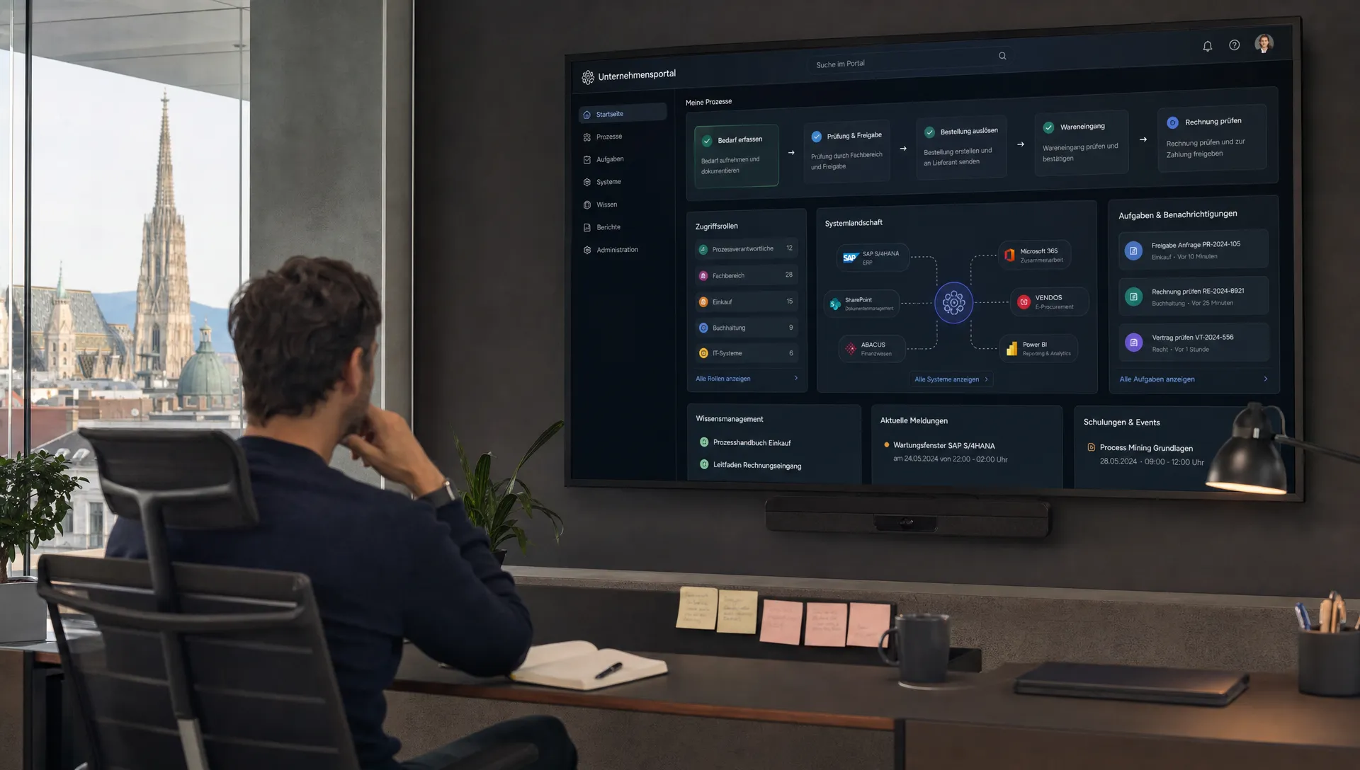 Ein modernes, aufgeräumtes Softwareentwicklungs-Büro in Wien mit einer zentralen Portal-Oberfläche auf einem großen Wanddisplay: Die Oberfläche bündelt Prozessschritte, Zugriffsrollen und mehrere verbundene Geschäftssysteme in einer klaren Systemlandschaft. Im Vordergrund steht ein einzelner Arbeitsplatz mit Notizen, während die eigentliche Hauptaussage das produktionsreife KI-Portal als verbindende Arbeitsebene ist. Keine überladene Szene, professioneller Unternehmenslook, landscape-Komposition.