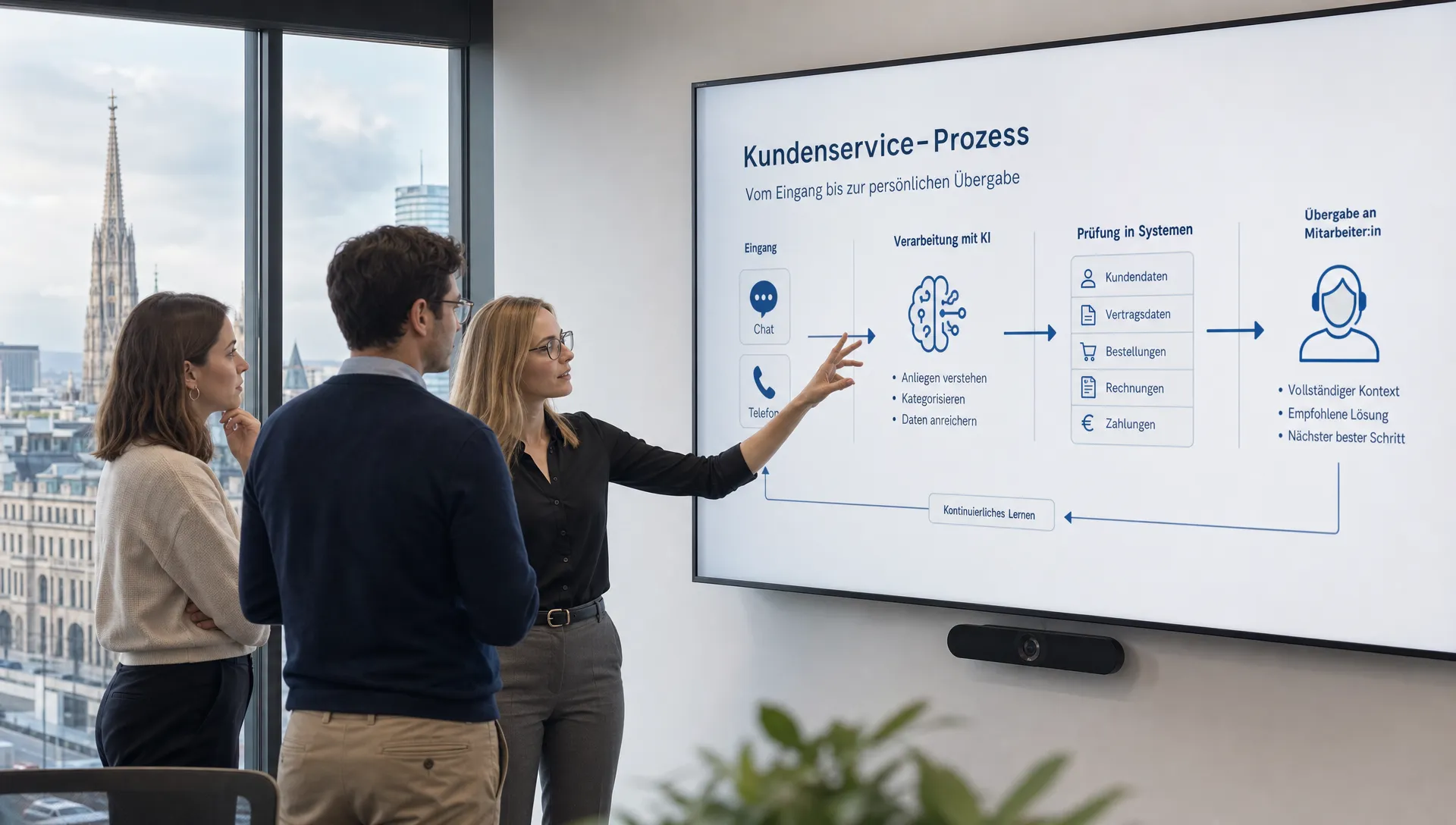 A clean landscape scene in a modern software development office in Vienna: a product team reviews a large wall display showing a customer-service flow from chat and phone input into live company systems and then to a human handover step. The composition should feel polished and professional, with two or three adults in business-casual clothing standing near the screen, screens facing the camera, and a clear sense of operational AI connecting service channels to backoffice software. No clutter, no dramatic effects.
