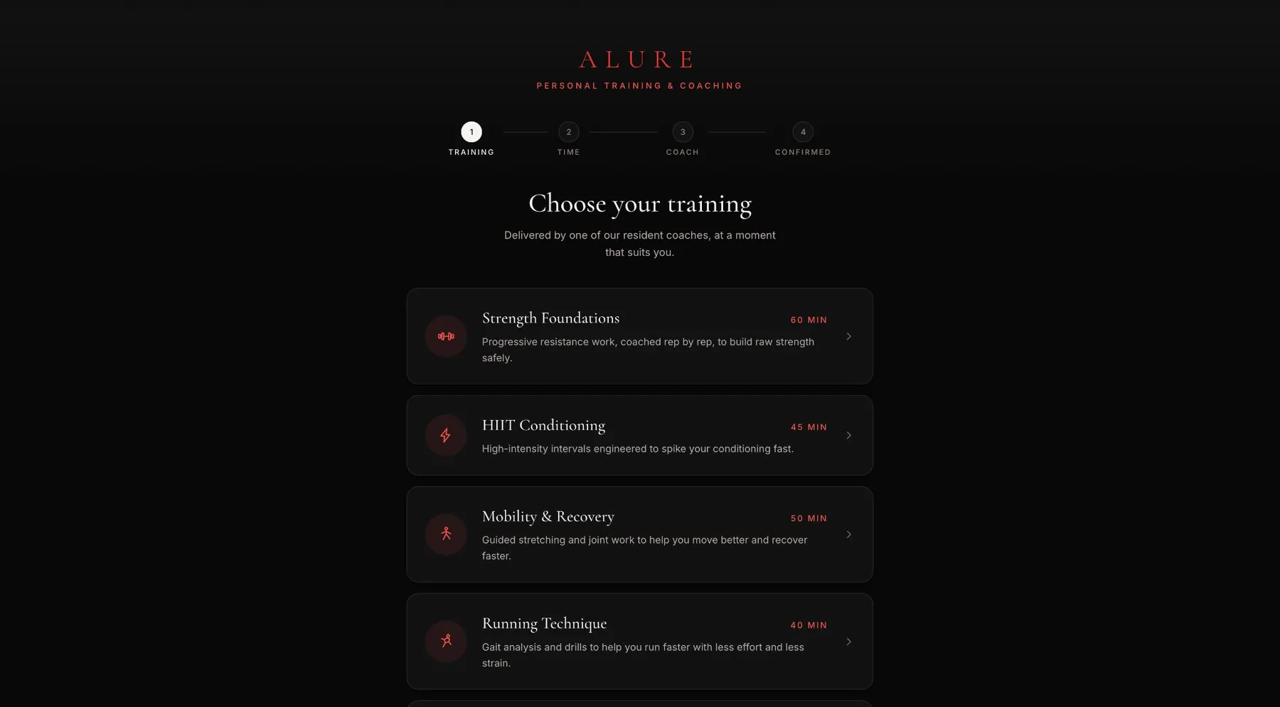 Alure personal training booking flow