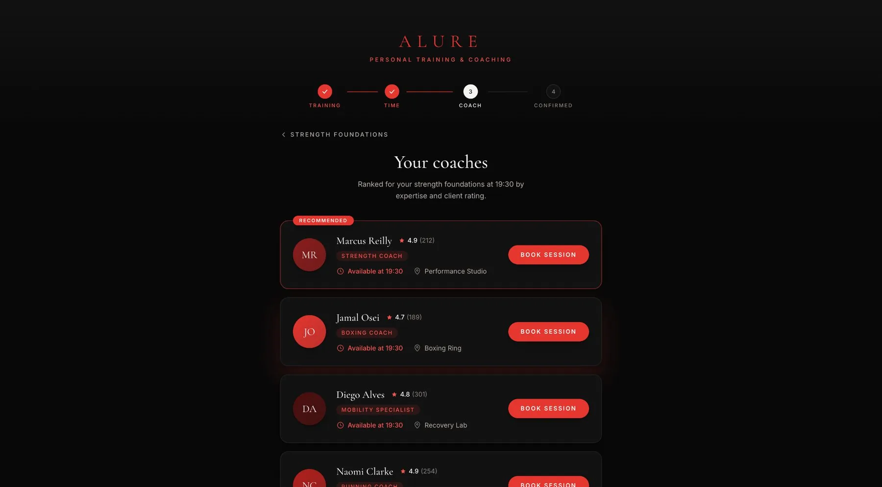 Alure coach selection screen with ratings