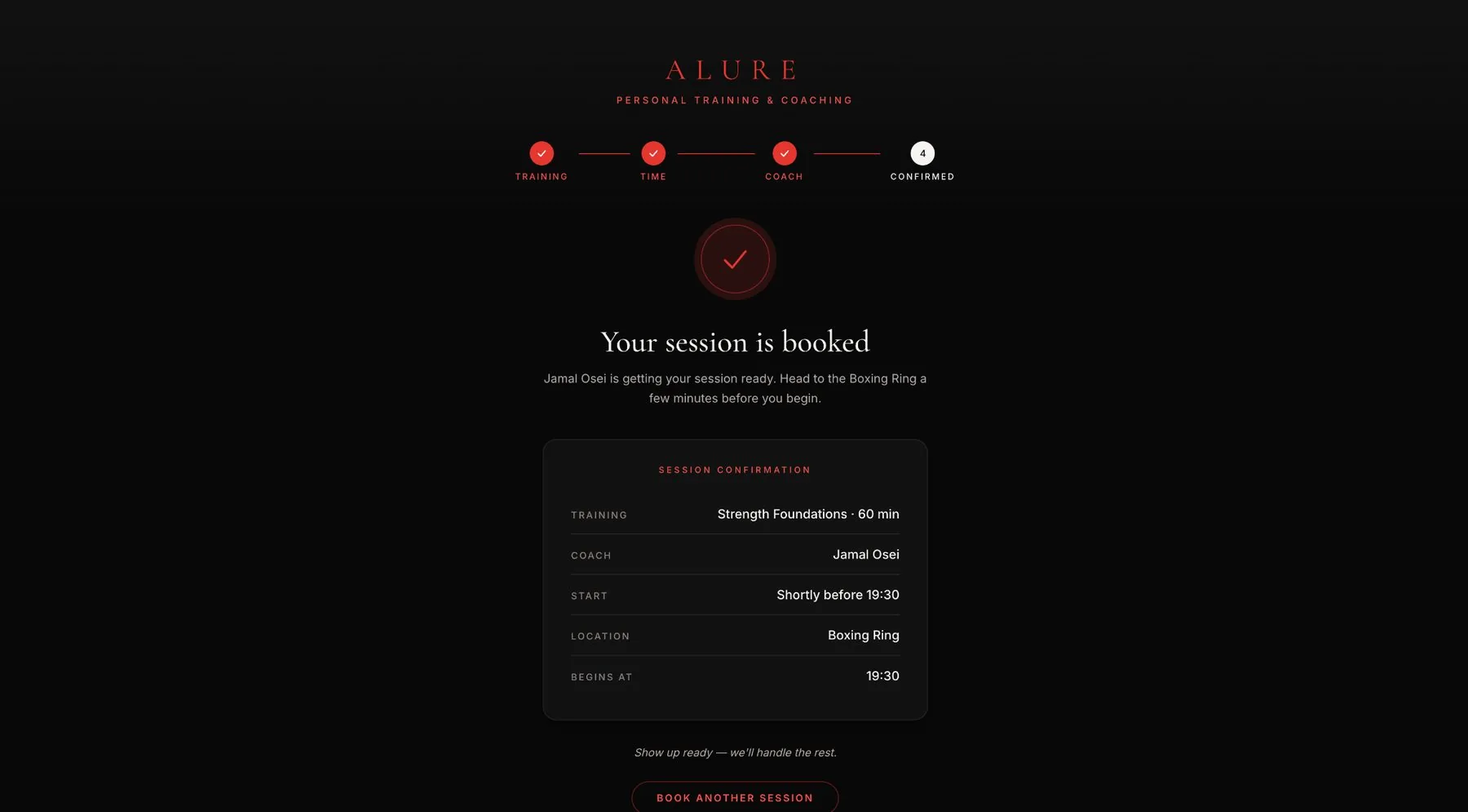 Alure booking confirmation screen