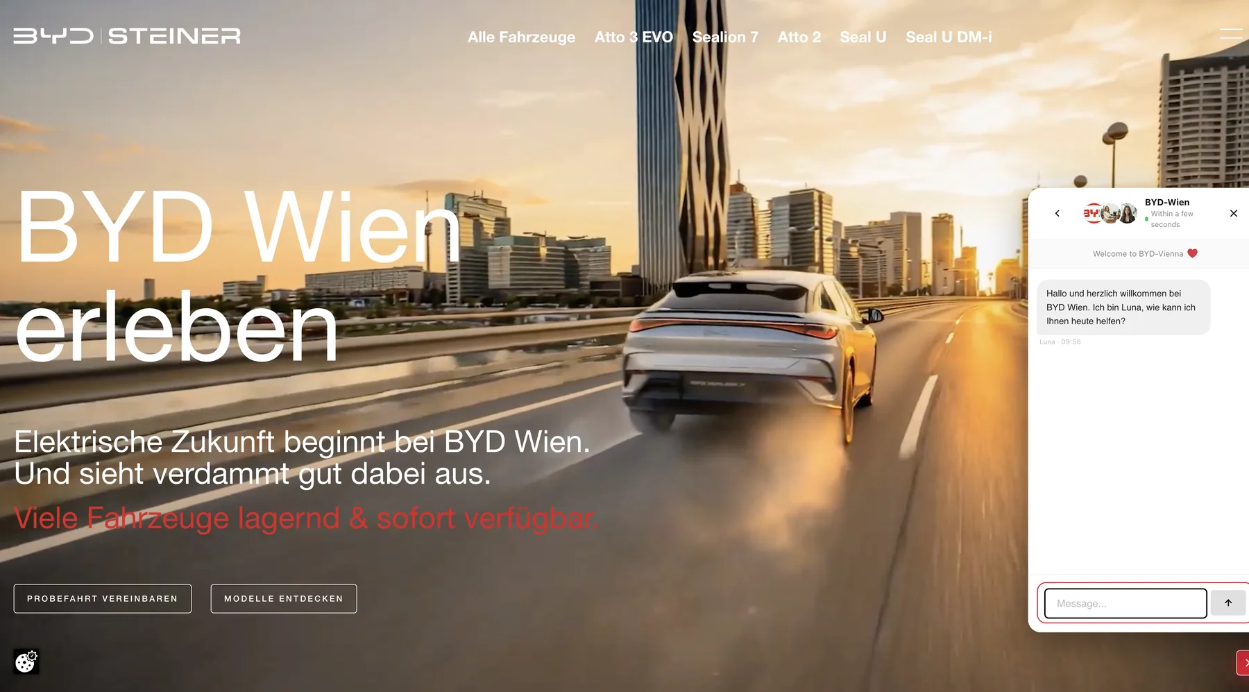 BYD Steiner chat widget open with Luna's German greeting