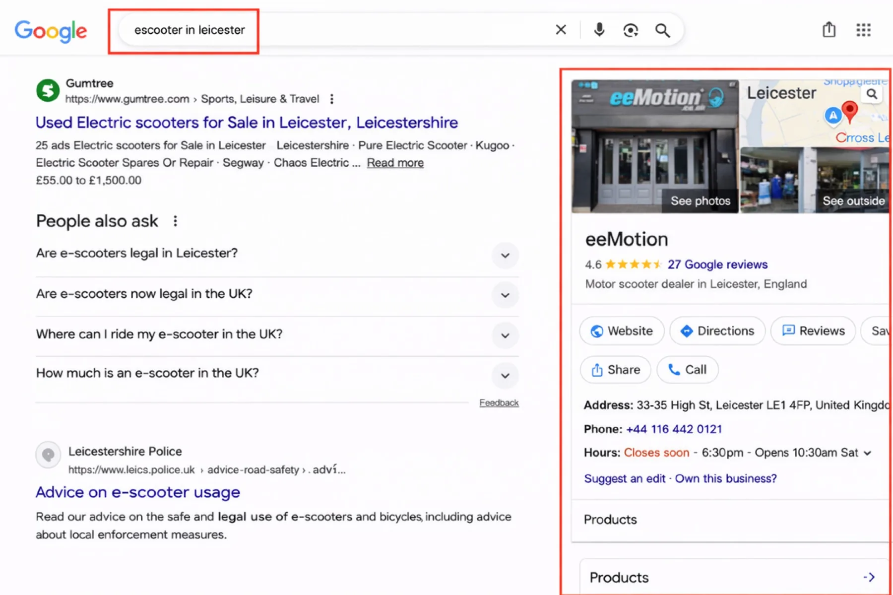 Google-Local-Map-Pack mit eeMotion in Leicester, UK