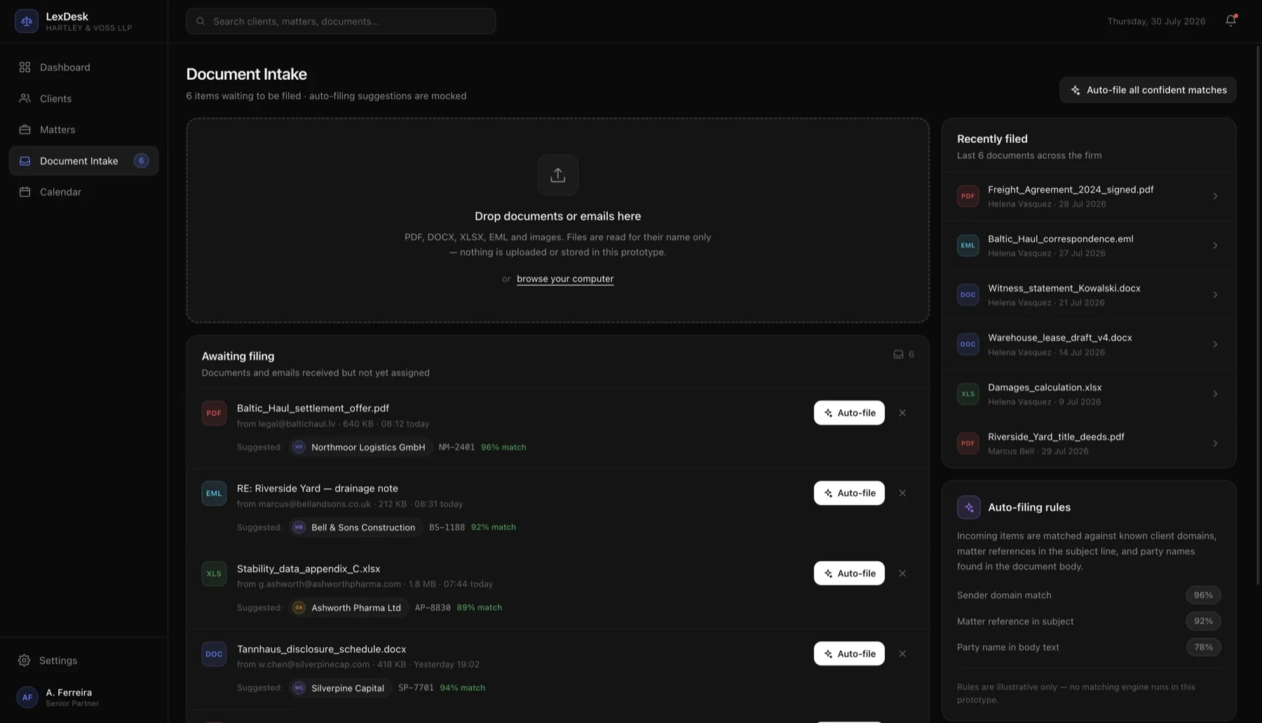 LexDesk-Dokumentenaufnahme mit automatischen Ablagevorschlägen