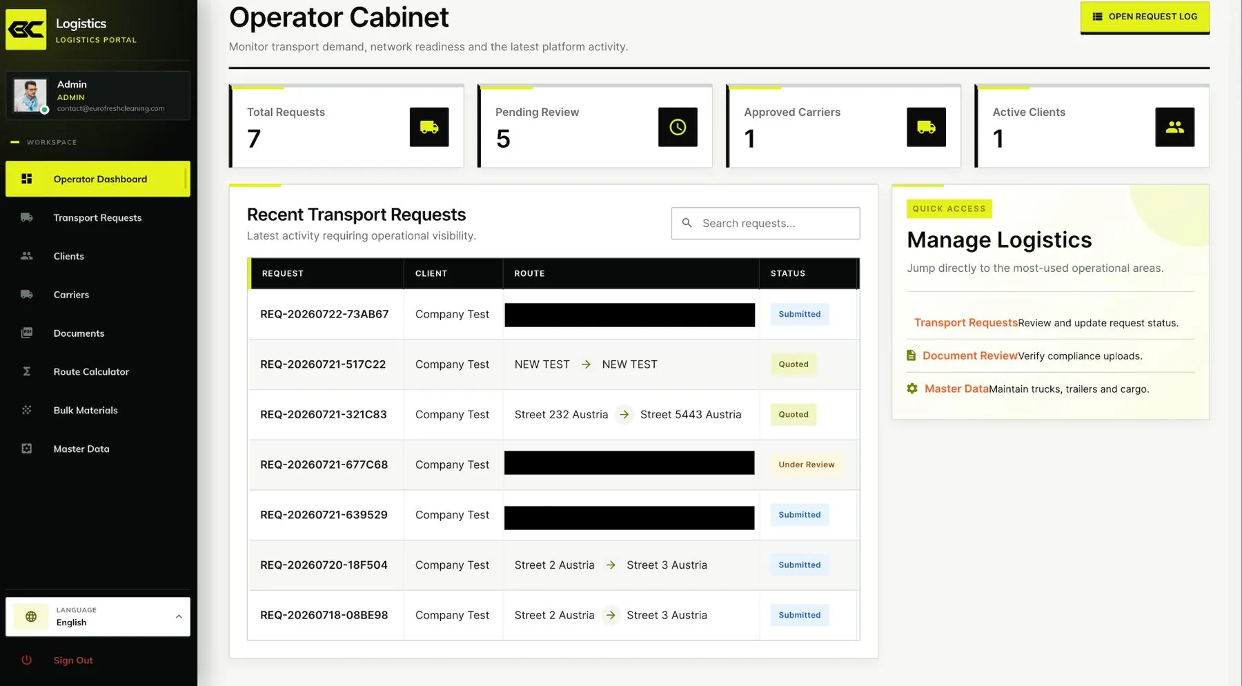 Logistics carrier portal operator dashboard