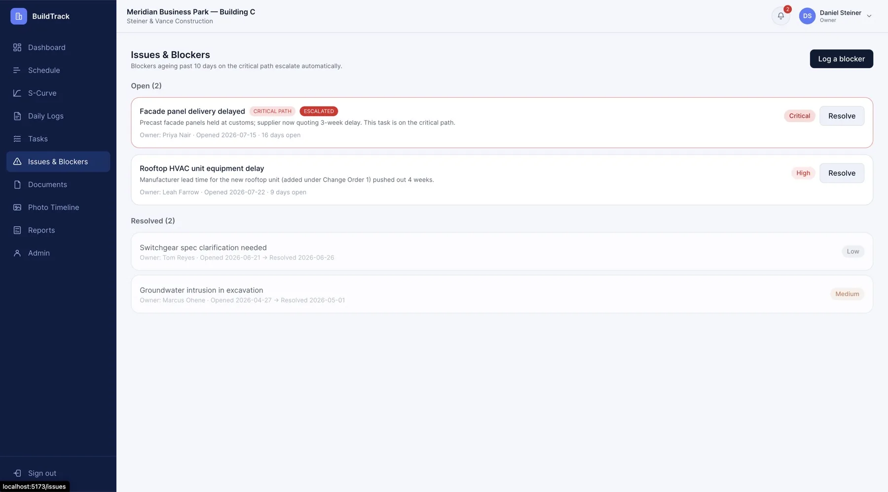 Eskalation von Problemen und Blockern in BuildTrack
